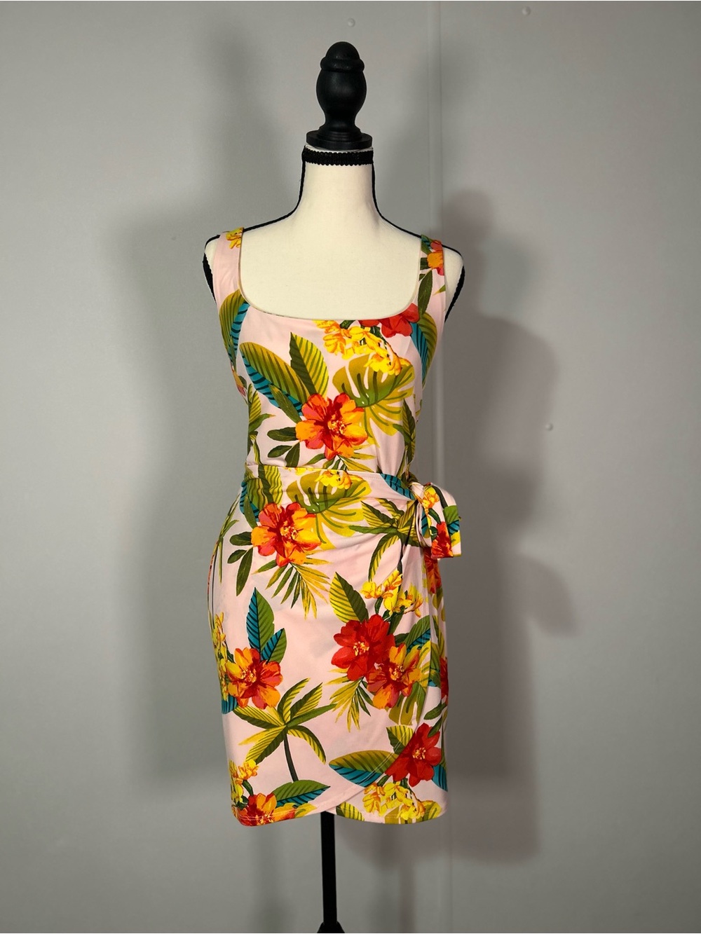Bar III Pink Tropical Floral Tie-Waist Mini Dress
